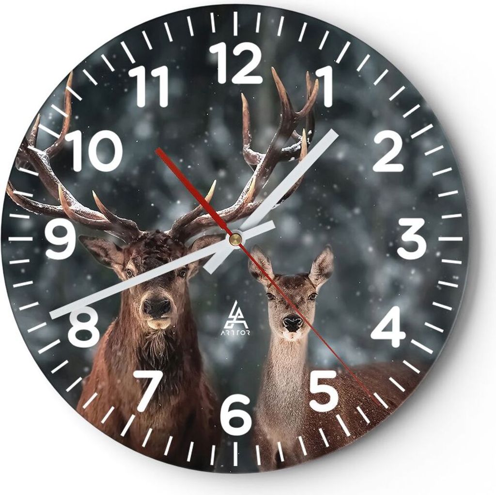 Wanduhr - Rund - Glasuhr - Hirsch Rentier Reh - 40x40cm - Schleichendes Uhrwerk - Lautlos - zum Aufhängen bereit - Dekoration Modern - Wanddekorat...