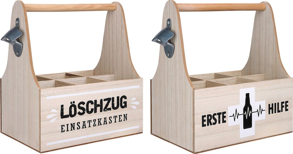 Gilde 6er-Flaschenträger "Hilfe" natur, mit Holzgriff und Metall-Flaschenöffner 2 Designs: "Löschzug Einsatzwagen" / "Erste Hilfe" H: 29.50 cm B...