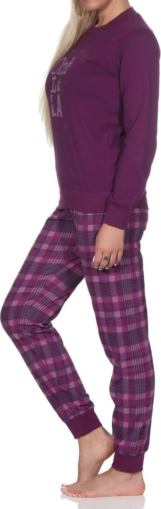 Normann Damen langarm Schlafanzug mit Bündchen Pyjama mit karierter Jersey Hose ; lila , 44-46