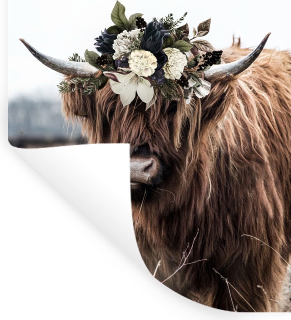 MuchoWow Wandtattoo Wandsticker Wandaufkleber Schottischer Highlander - Blumen - Tiere 60x120 cm Selbstklebend und Repositionierbar - Selbstklebe...