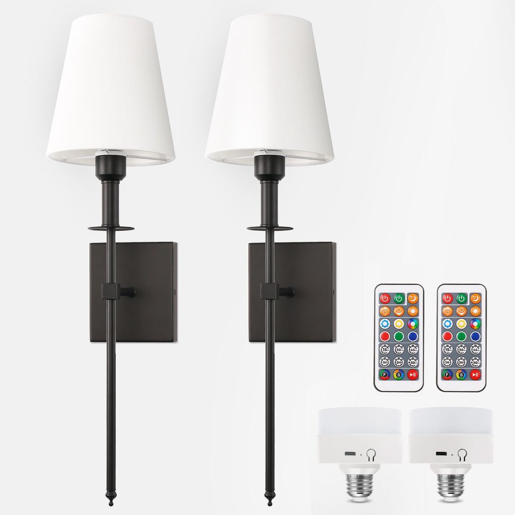 2er Akku Wandlampe Schwarz-Weiß Stoffschirm RGBW Produktbild 