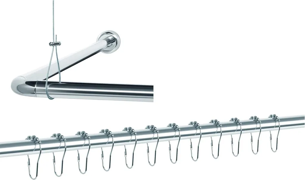 Barre de douche d'angle anti-affaissement avec support plafond et anneaux
