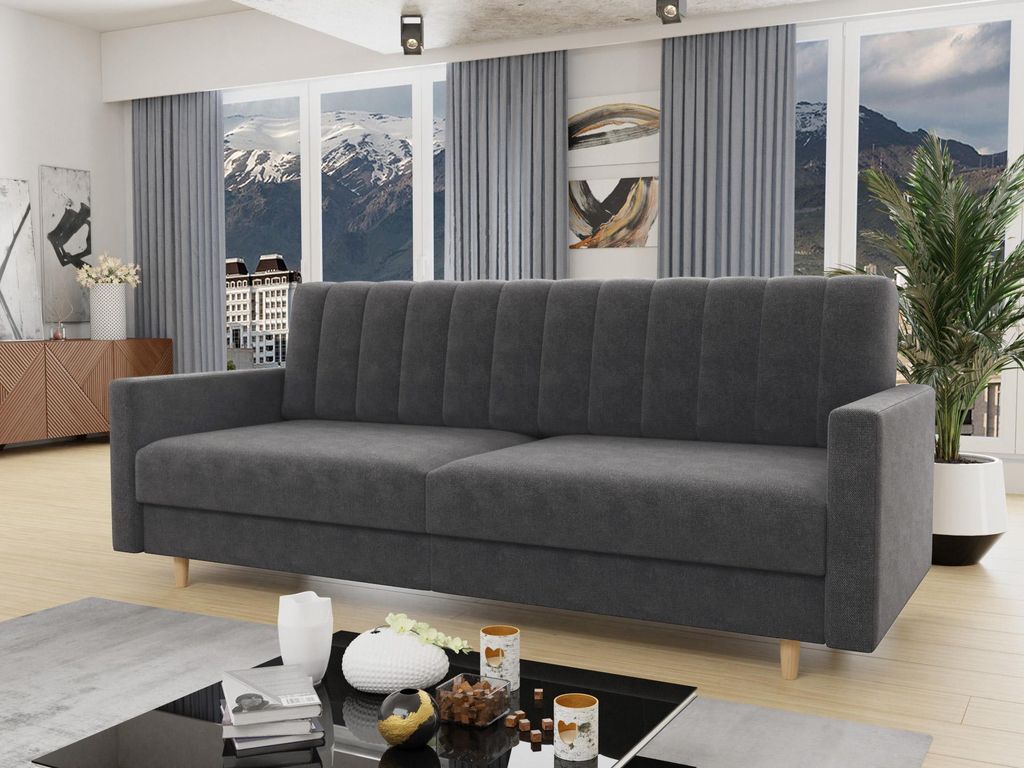 Schlafsofa Sara - Sofa mit Bettkasten und Schlaffunktion, Bettsofa, Schlafcouch mit Holzfüße, Velours (Dunkelgrau (Kronos 22))