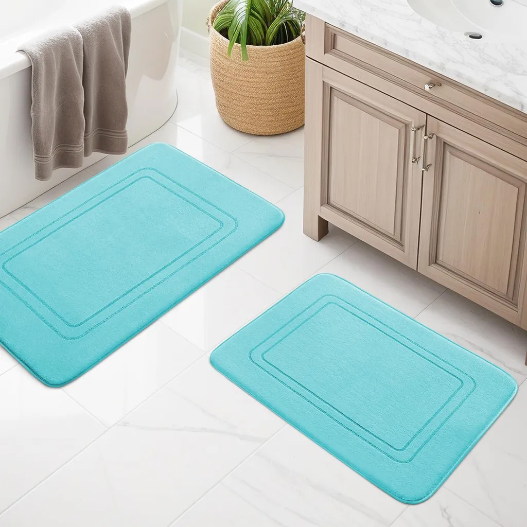 Lot de 2 Tapis de Bain Turquoise en Mousse à Mémoire de Forme Moelleux