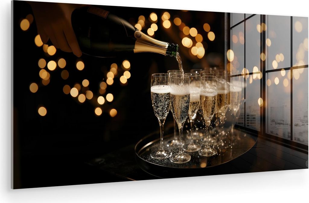 MuchoWow Glasbilder - Bilder auf Wandbild - Foto auf Glas Lichter - Champagner - Tablett - Gläser 120x60 cm Wanddekoration aus Glas - Acrylglasbil...