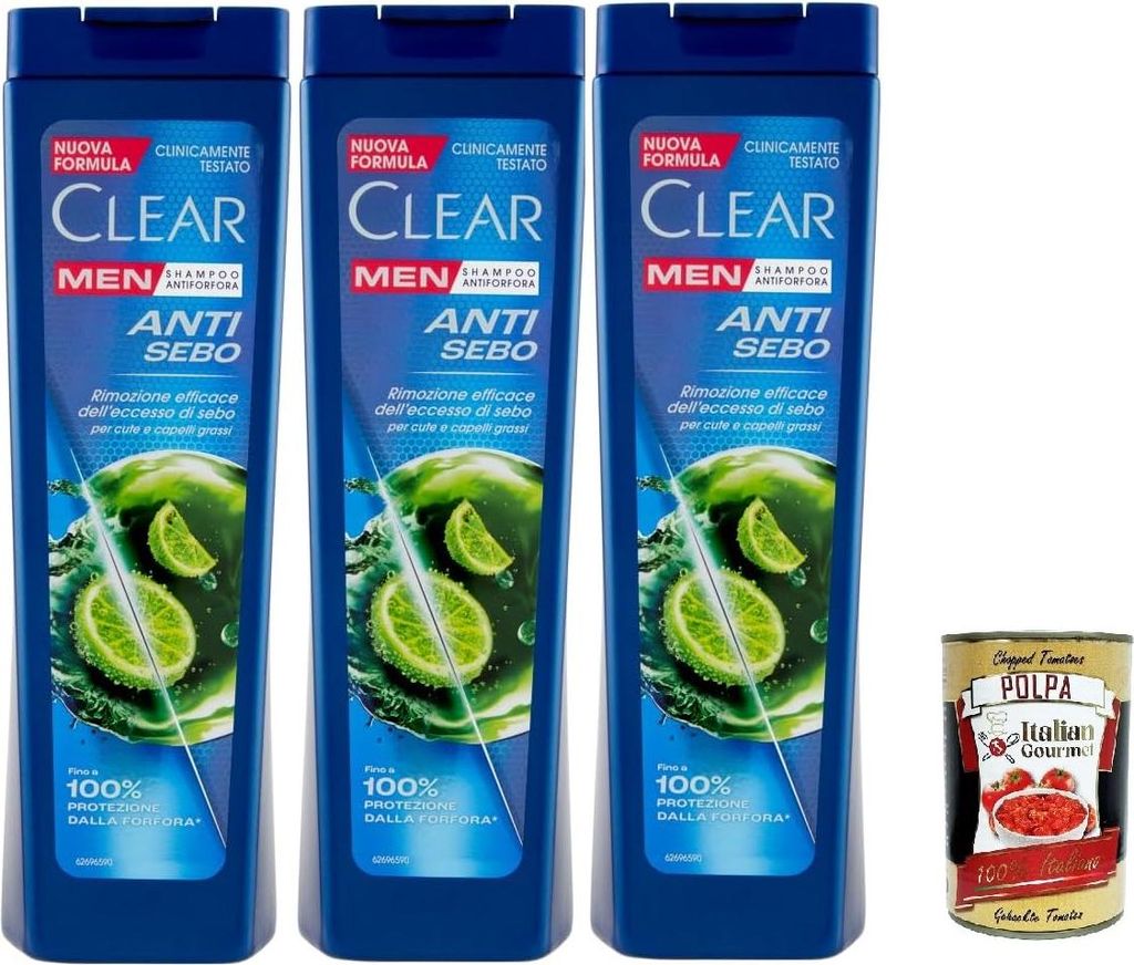 Clear ANTI SEBO Men Shampoo für Haare und Fettige Kopfhaut - Anti-Talg-Shampoo 3x 225ml + Italian Gourmet polpa 400g