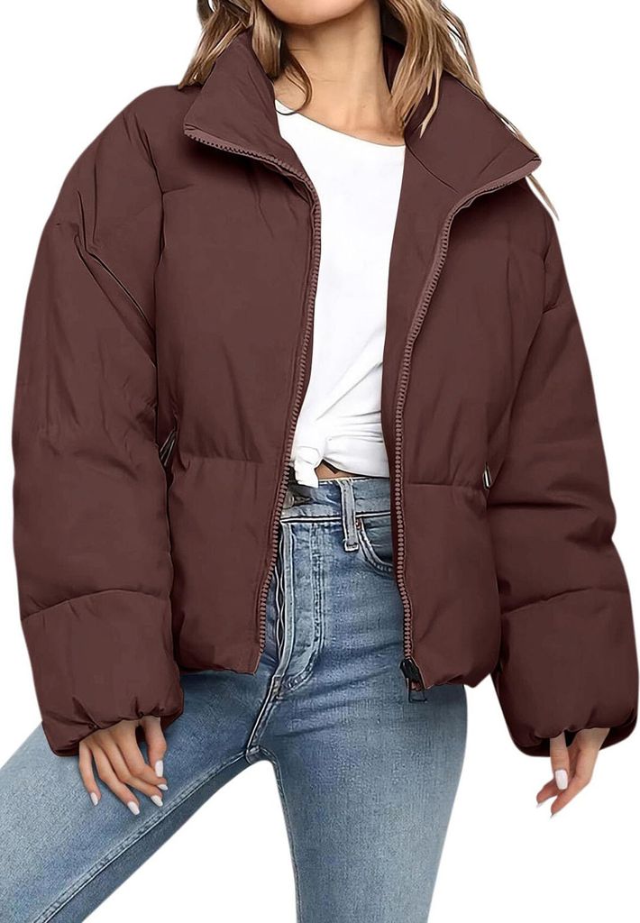 ASKSA Damen Daunenjacke Dicke Warm Kurz Steppjacke Winterjacke Reissverschluss Puffer Jacke Rollkragen Einfarbig Wintermantel Outdoor Daunenmantel ...
