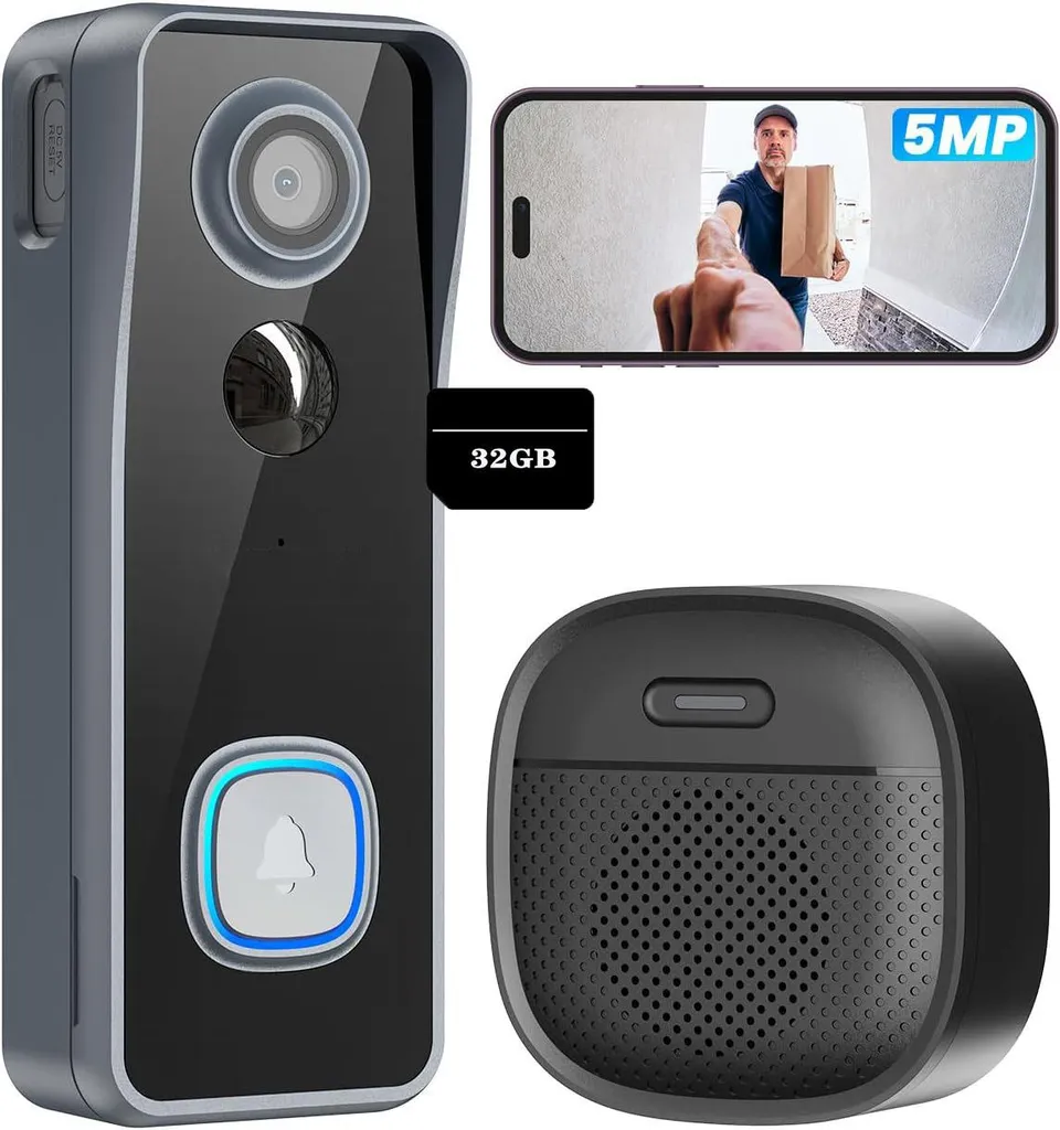 Sonnette vidéo WLAN sans fil 2K 5MP pour surveillance entrée maison