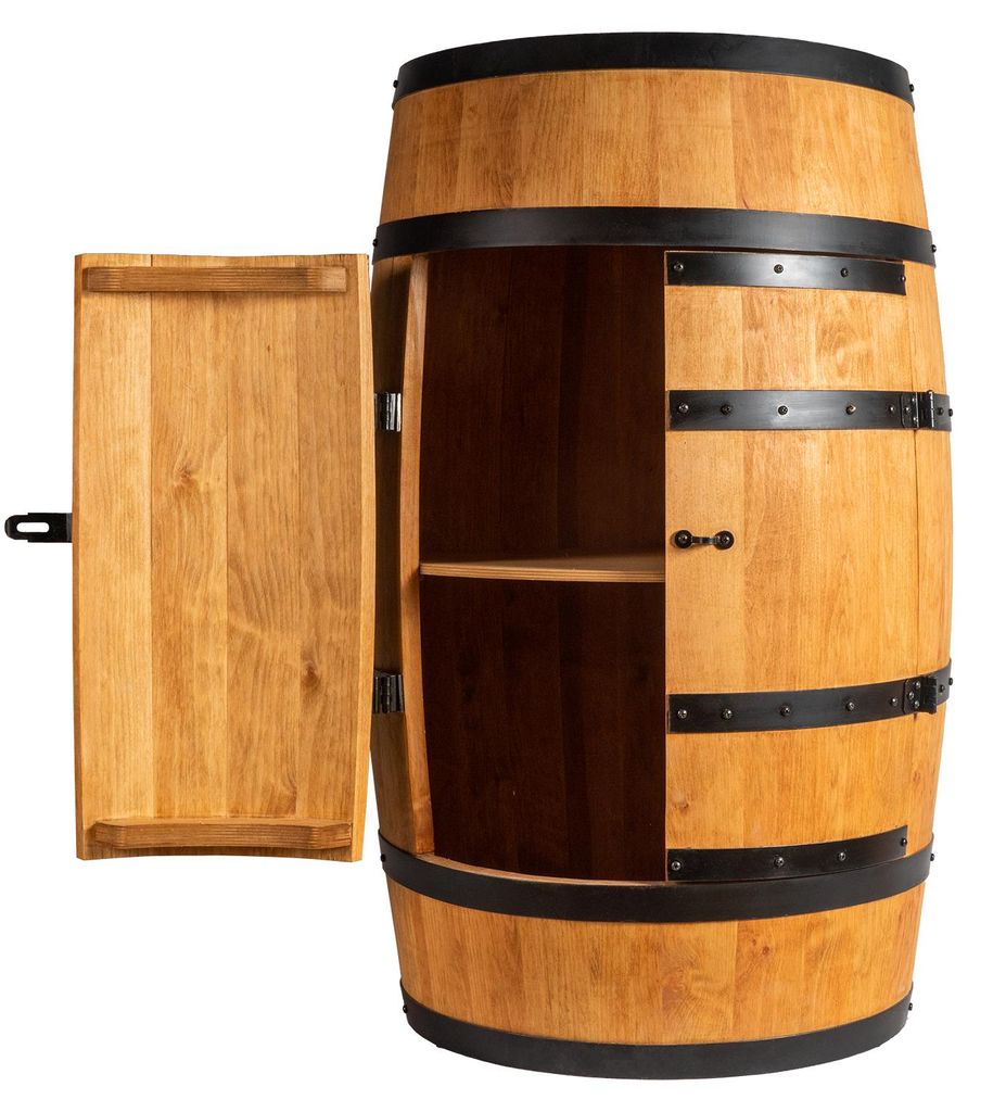 Holzfass mit Türen in heller Eichenoptik Hausbar mit LED – Produktbild 