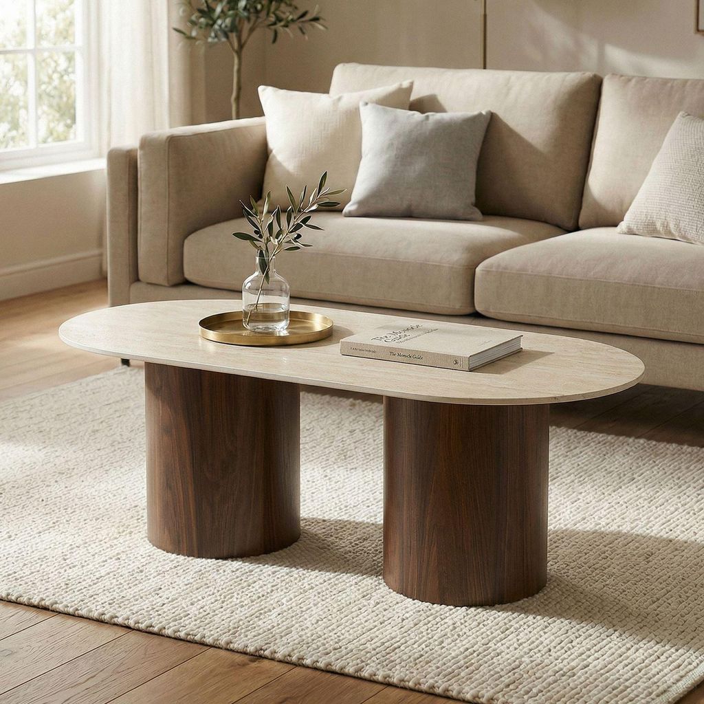 Couchtisch REALM mit Keramikplatte, Travertin/Nussbaum - Ovaler Couch Beistelltisch 120x45x60 cm, Wohnzimmertisch mit Säulenfüßen, Coffee Table ...