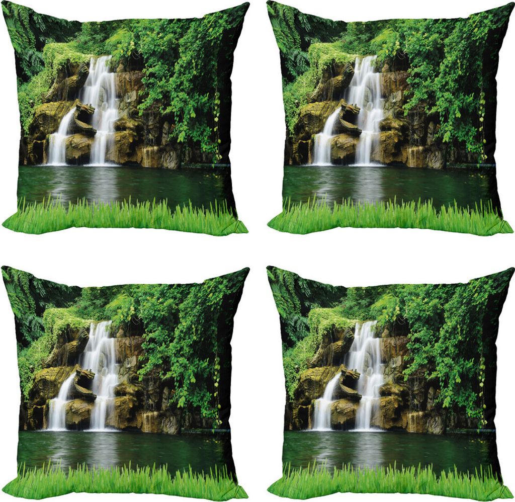 ABAKUHAUS Wasserfall Kissenbezug Set (4 Stück), Lake Garden Wasserfall, Moderner Doppelseitiger Digitaldruck, 45 cm x 45 cm, Grün