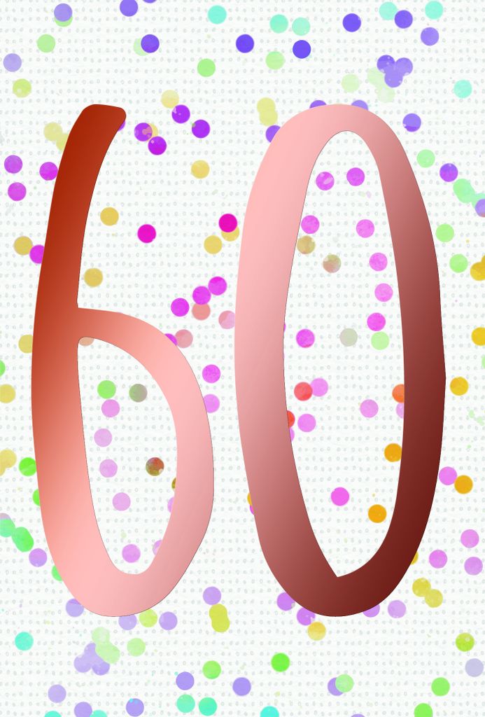 60. Geburtstag Karte mit Briefumschlag bunte Punkte, roségoldene Metallicfolie