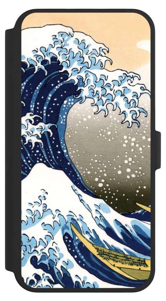 NIVOCASE Klapphülle für Apple iPhone 16 Pro Max Handyhülle aus Kunst Leder NIVOflip schwarz Katsushika Hokusai Kunst Die große Welle vor Kanagawa