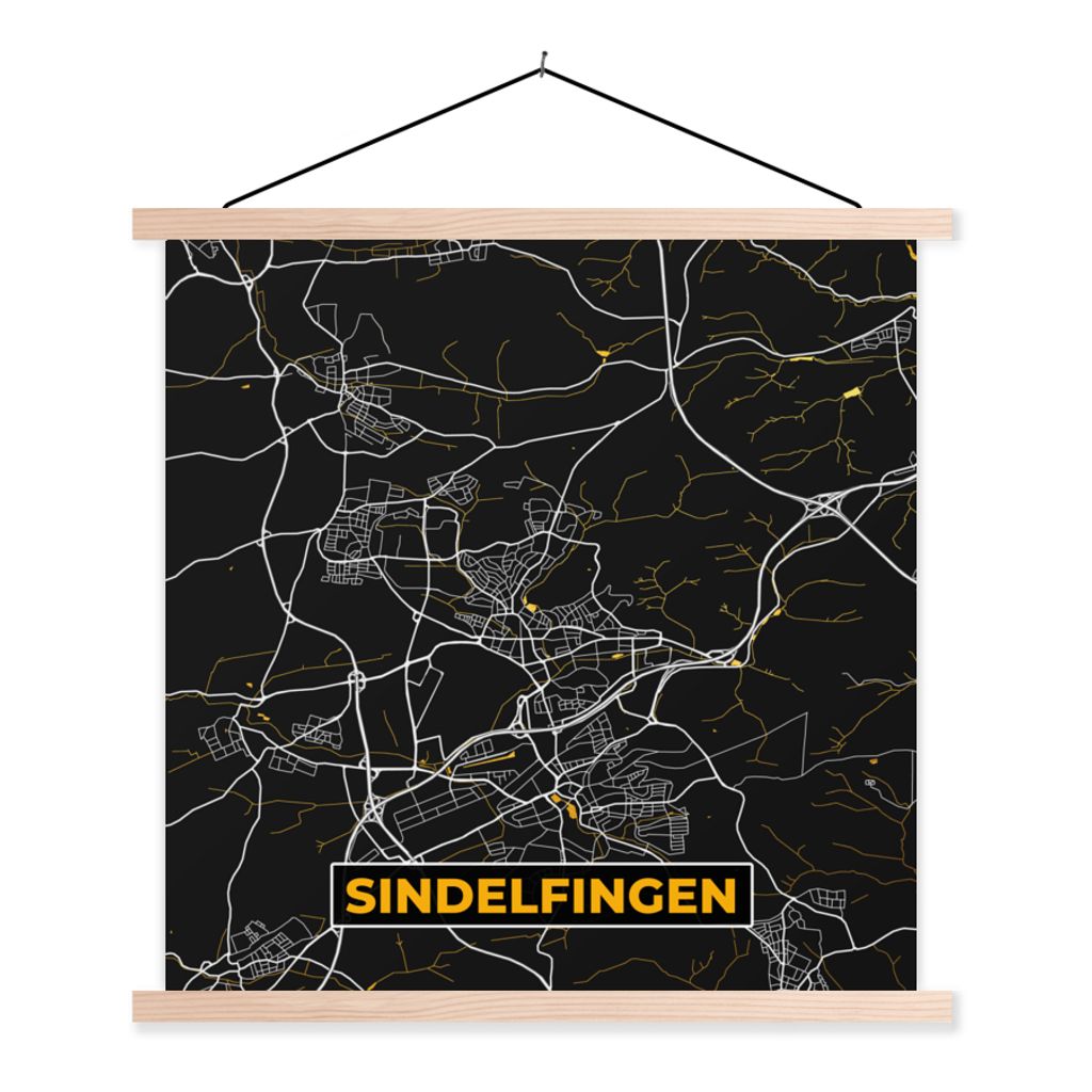 MuchoWow Textilposter Sindelfingen - Gold - Stadtplan - Deutschland - Karte 40x40 cm mit holzfarbenen Rahmen - Posterleiste