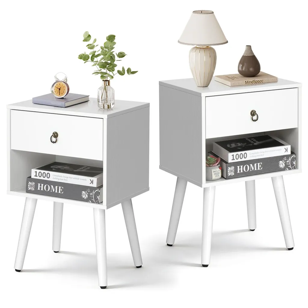 Table de chevet avec tiroir et compartiment ouvert lot de 2 Blanc