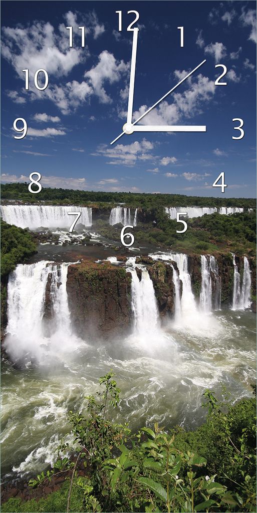 Wallario Design Wanduhr bedruckt, Größe 30 x 60 cm, Motiv: Iguazu-Wasserfälle