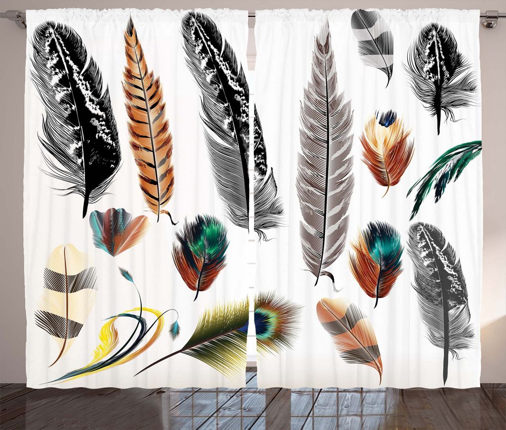 ABAKUHAUS Boho Rustikaler Vorhang, Vogel-Feder Retro Vibrant, Wohnzimmer Universalband Gardinen mit Schlaufen und Haken, 280 x 175 cm, Mehrfarbig