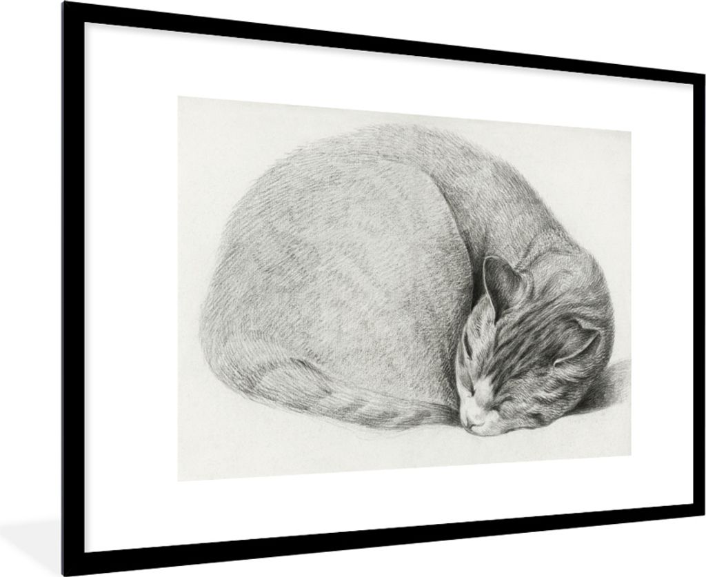 MuchoWow MuchoWow Gerahmtes Poster Schlafende Katze im Liegen - Gemälde von Jean Bernard 90x60 cm - Poster mit zchwarzem Bilderrahmen - Wandde...