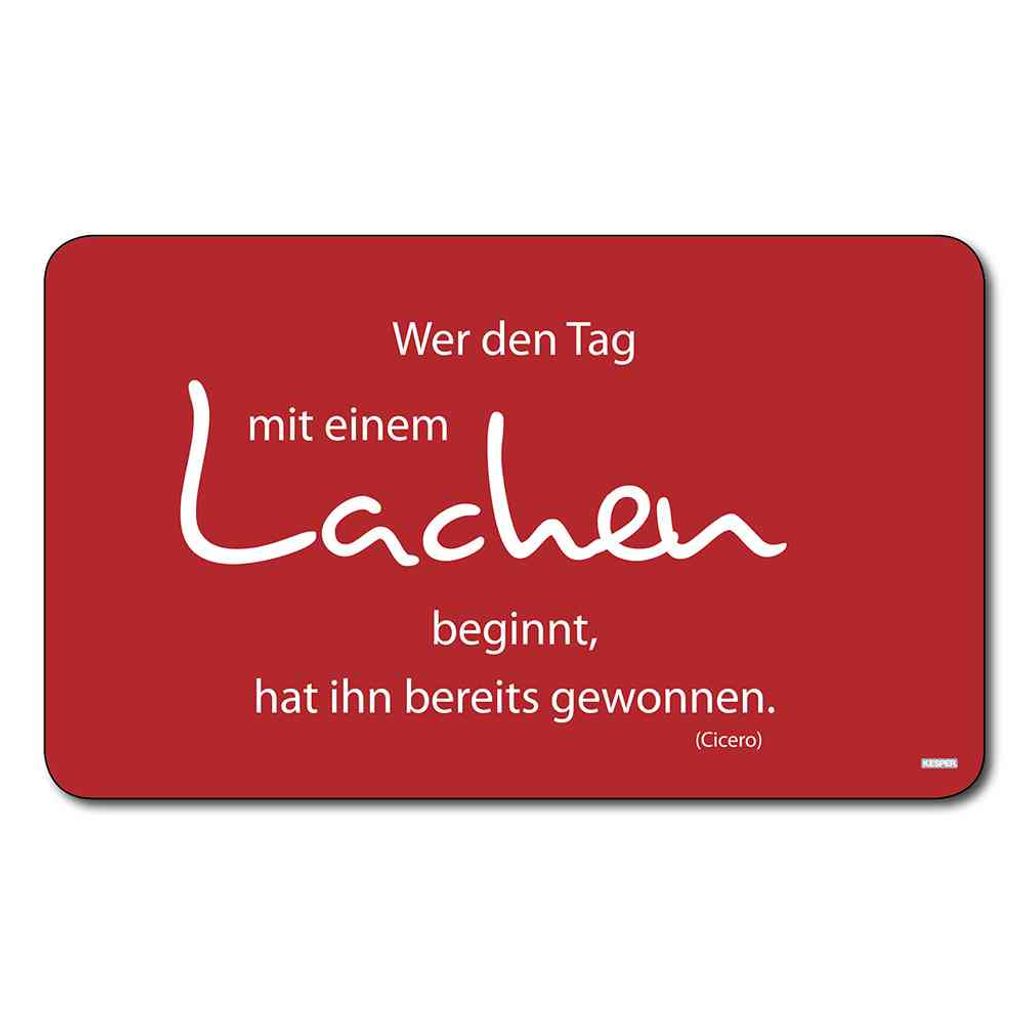 A red background with a quote about starting the day with a laugh.