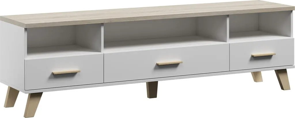 Meuble TV Scandinave en Chêne Sonoma, 3 Tiroirs de Rangement Chic