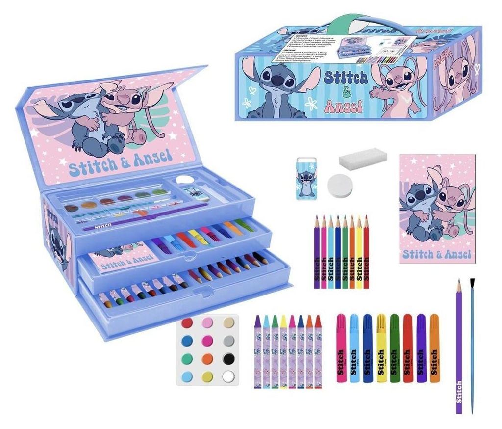 A Stitch and Angel themed art set for children, displayed open and with various art supplies laid out, along with some individual items from the set.