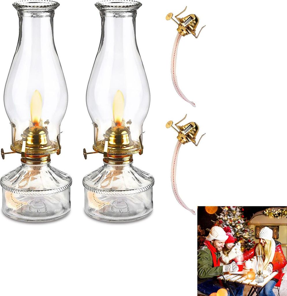 2er Set Retro Petroleumlampen, Glas-Öllampen als Deko, Vintage Laternen für Balkon, Garten und Innenräume, 34x12,5cm