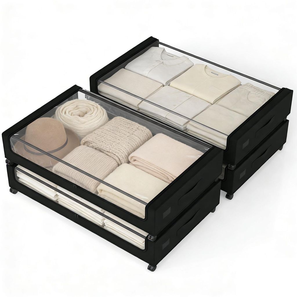 Unterbett Aufbewahrungsboxen mit Deckel schwarz – Organizer mit Rollen und Griff, Aufbewahrungstasche für Kleidung zur Aufbewahrung im Schrank