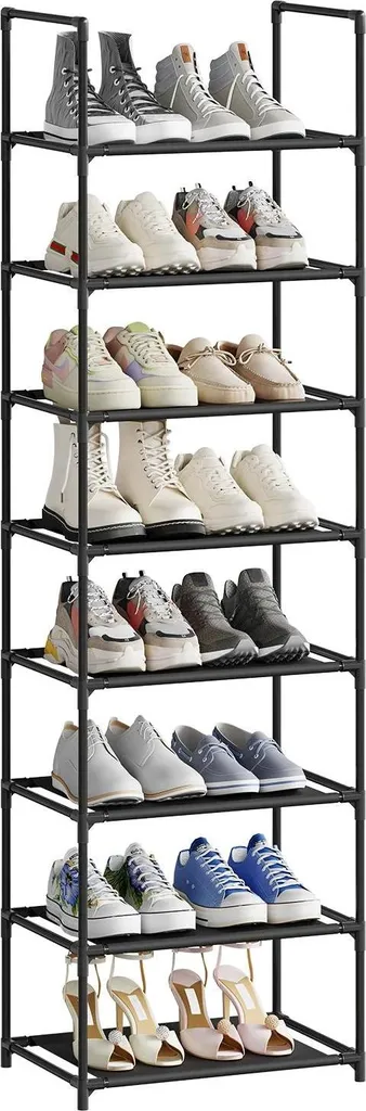 Étagère à chaussures noire en métal 8 niveaux pour couloir étroit