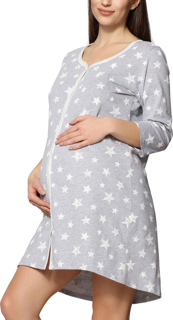 Be Mammy Damen Umstands Nachthemd 3/4 Arm mit Stillfunktion BE20-276 (Melange Sterne Creme, XL)