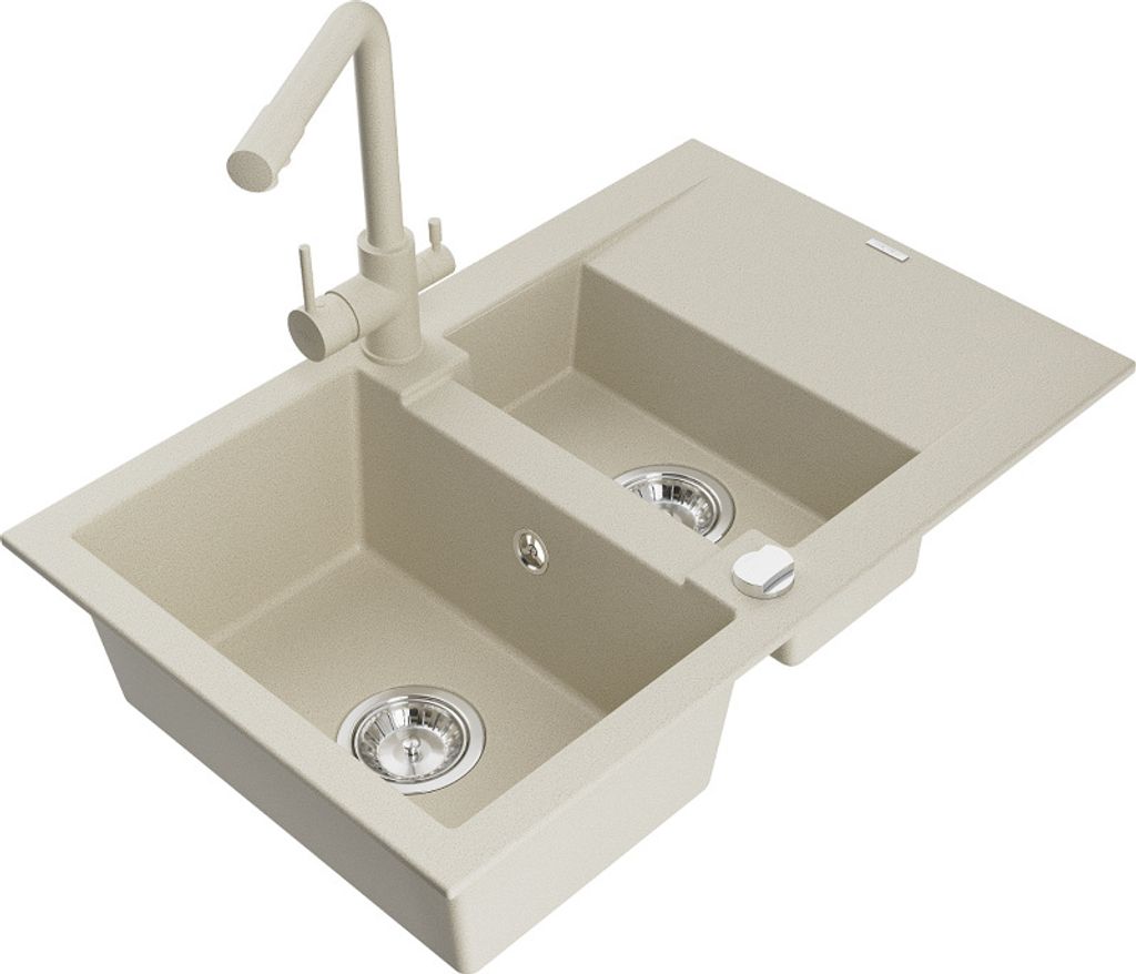 Mexen Gaspar 1,5-Becken-Granitspüle mit Abtropffläche und Mischbatterie Duero, Beige - 6507-69-671600-69