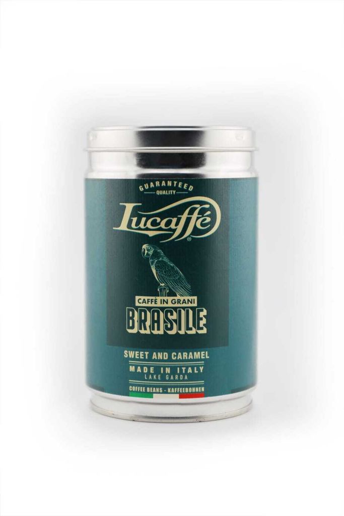A tin of Lucaffé Brasile coffee beans.