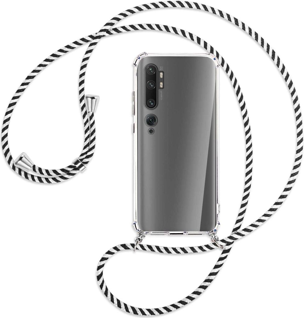 Handykette Backcover-Schutzhülle mit Band (Metall silberfarben) für Xiaomi Mi Note 10 (Pro) - schwarz/weiß gestreift