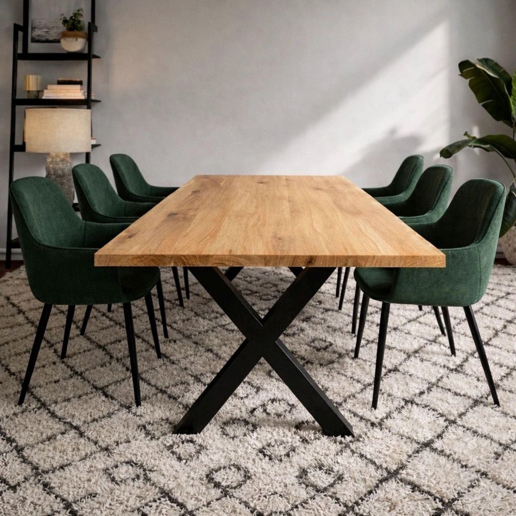 Massivholztisch Eiche 240x100 cm gerade Kante – Esszimmertisch mit 4 cm Tischplatte & X-Metallgestell – moderner Esstisch , Natur Geölt
