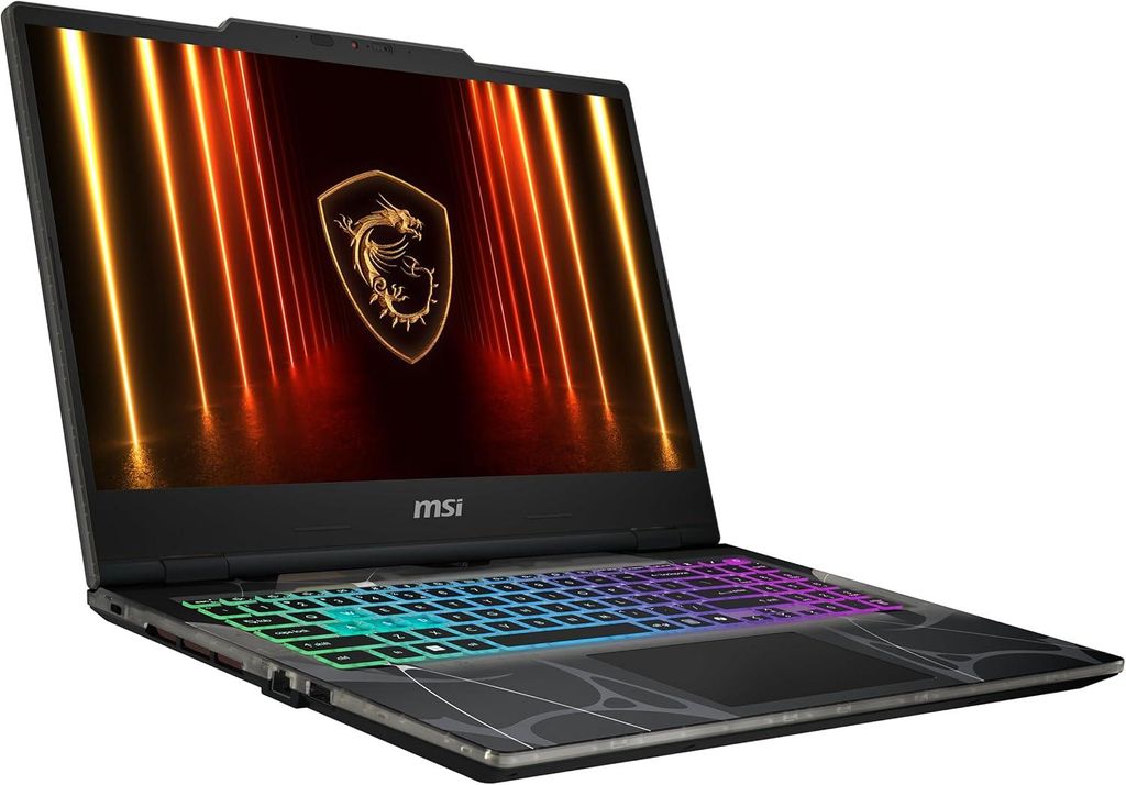 A black MSI gaming laptop is shown from a diagonal front view, with its screen displaying a dragon logo and colorful vertical lights. The keyboard is illuminated with a rainbow gradient.