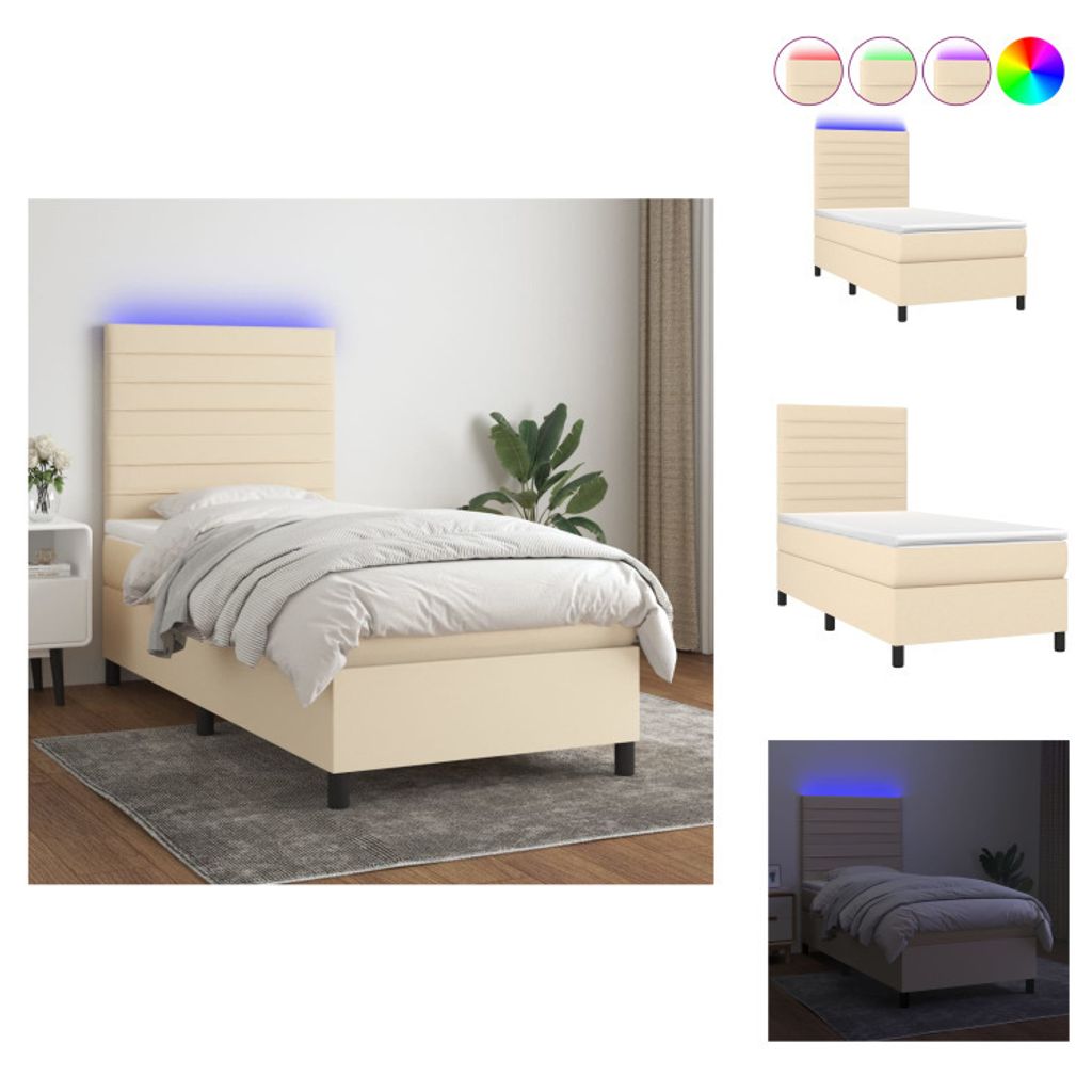 vidaXL Boxspringbett mit Matratze & LED Creme 90x200 cm Stoff - Betten & Bettgestelle