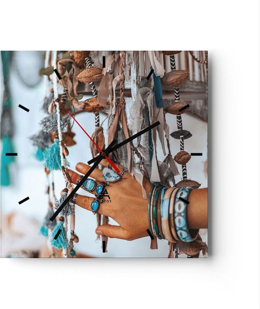 Wanduhr - Quadrat - Glasuhr - Hand Schmuck ethnisch - 40x40cm - Schleichendes Uhrwerk - Lautlos - zum Aufhängen bereit - Dekoration Modern - Wandd...