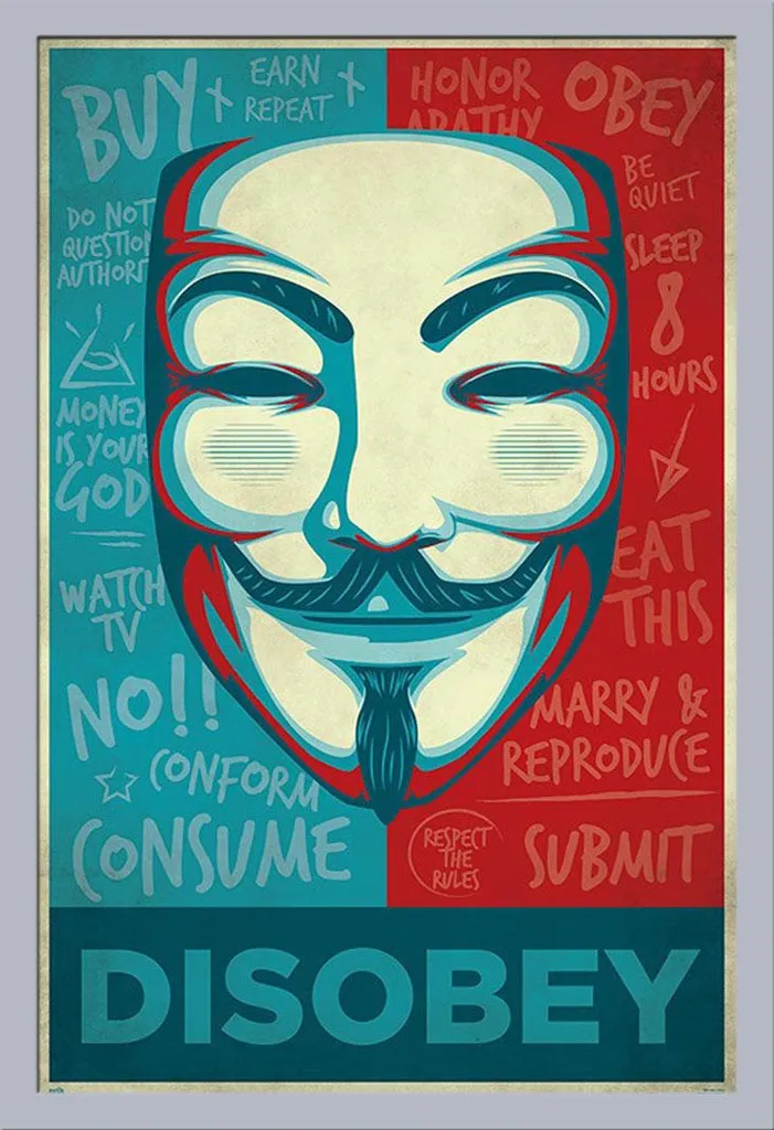 Poster Disobey Maschera Guy Fawkes con Cornice Shinsuke Argento 61x91,5