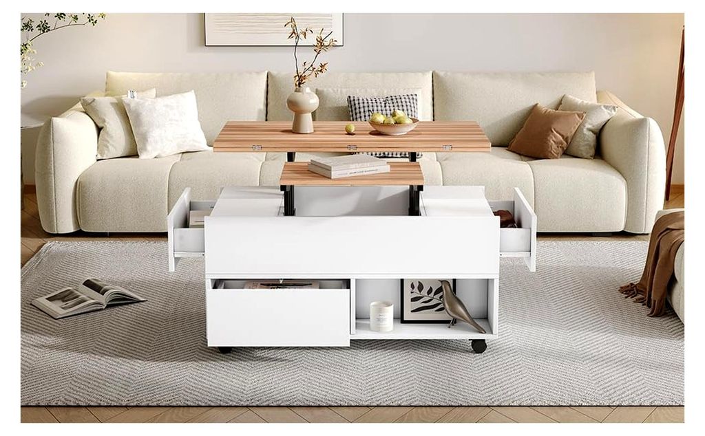 Couchtisch 100 x 50 x 52 cm mit 4 Rollen, multifunktionaler Wohnzimmertisch mit 4 Schubladen, anhebbarer Kaffeetisch, höhenverstellbarer Sofatisch...