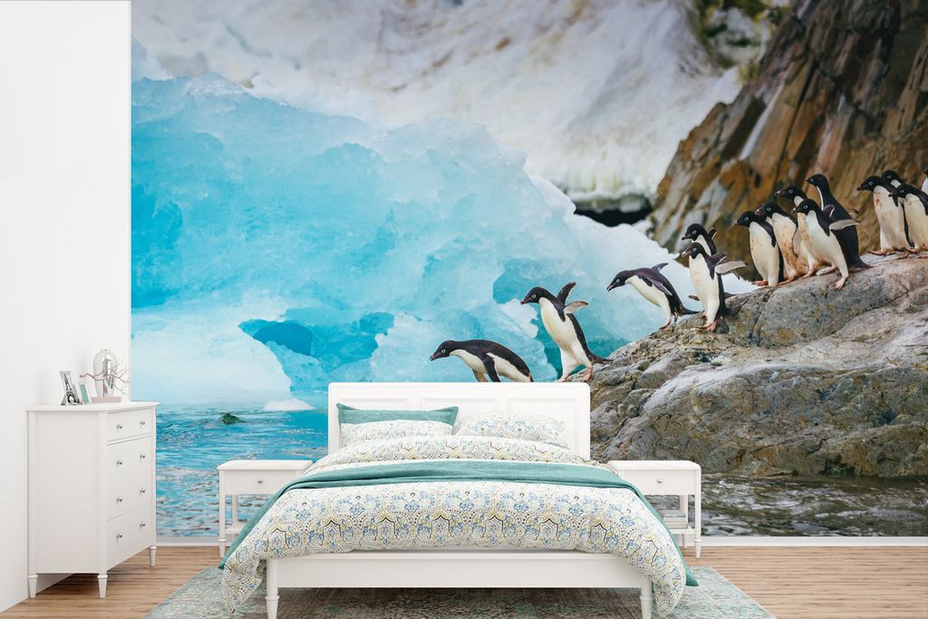 MuchoWow Fototapete für Wohnzimmer oder Schlafzimmer Wandtapete Vinyl Motivtapete Antarktische Pinguine tauchen ins Wasser - 390x260 cm - Papier...