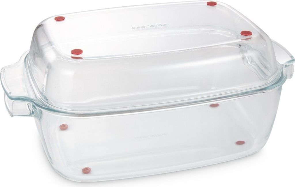 A clear glass roasting pan with a glass lid, shown from a slightly elevated side angle on a white background.