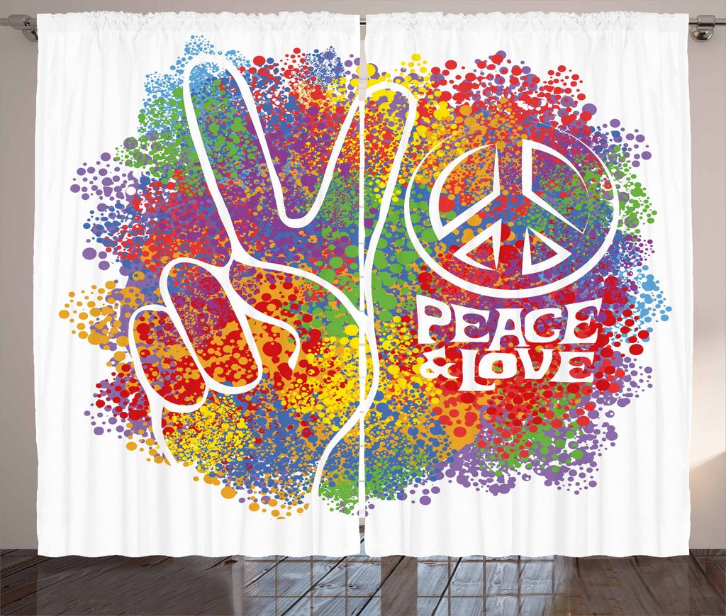ABAKUHAUS Hippie Rustikaler Vorhang, Peace Love Pazifismus, Wohnzimmer Universalband Gardinen mit Schlaufen und Haken, 280 x 175 cm, Mehrfarbig
