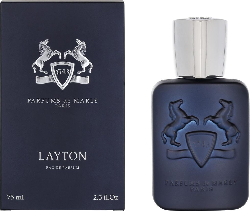 A product shot of a perfume bottle and its box, presented side-by-side against a white background.