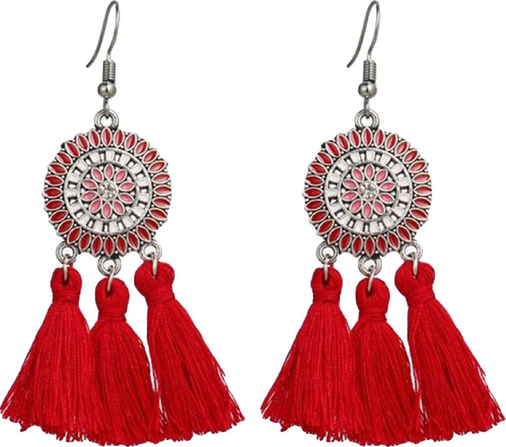 Ohrringe im Bohemian-Stil, charmanter Look, Legierung, Sonnenblumen-Quaste, baumelnde Schmuck-Ohrringe zum Geburtstag-Rot