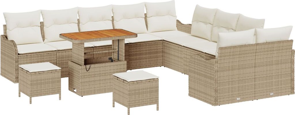 "2025"Cloris 13-teiliges Garten-Sofa-Set mit Kissen Beige Poly Rattan Akazie, 2-sitziges Garten-Sofa mit Kissen Beige Poly Rattan, 3-teiliges Garte...