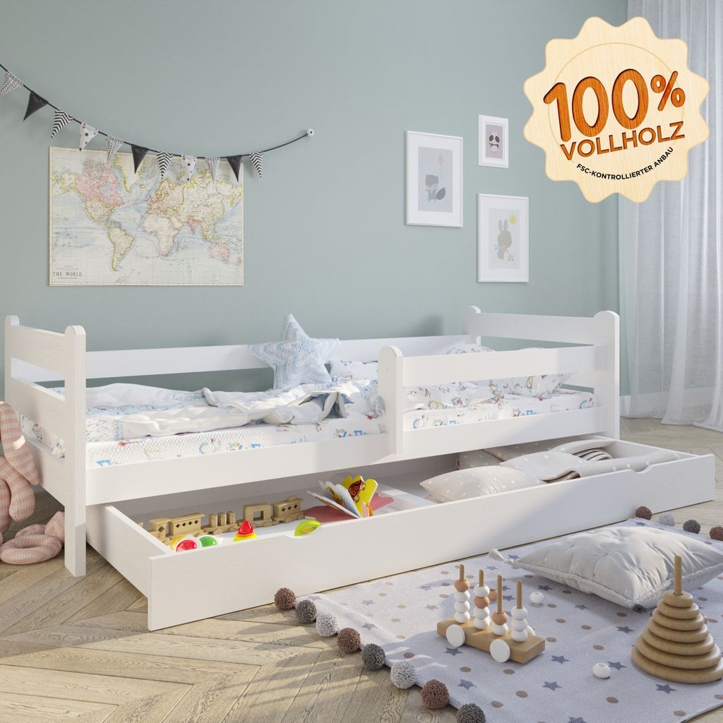 Kinderbett Voll-Holz 200x90 mit Rausfallschutz, Lattenrost Produktbild 