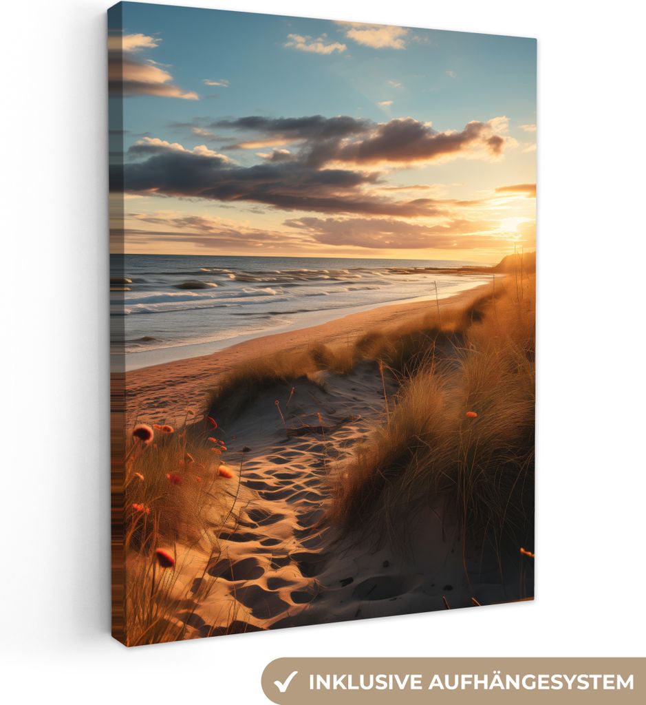 MuchoWow - Leinwandbilder - Strand - Sonnenuntergang - Dünen - Meer - Sand, Wandbild, Wanddeko Bilder Wohnzimmer, 60x80 cm