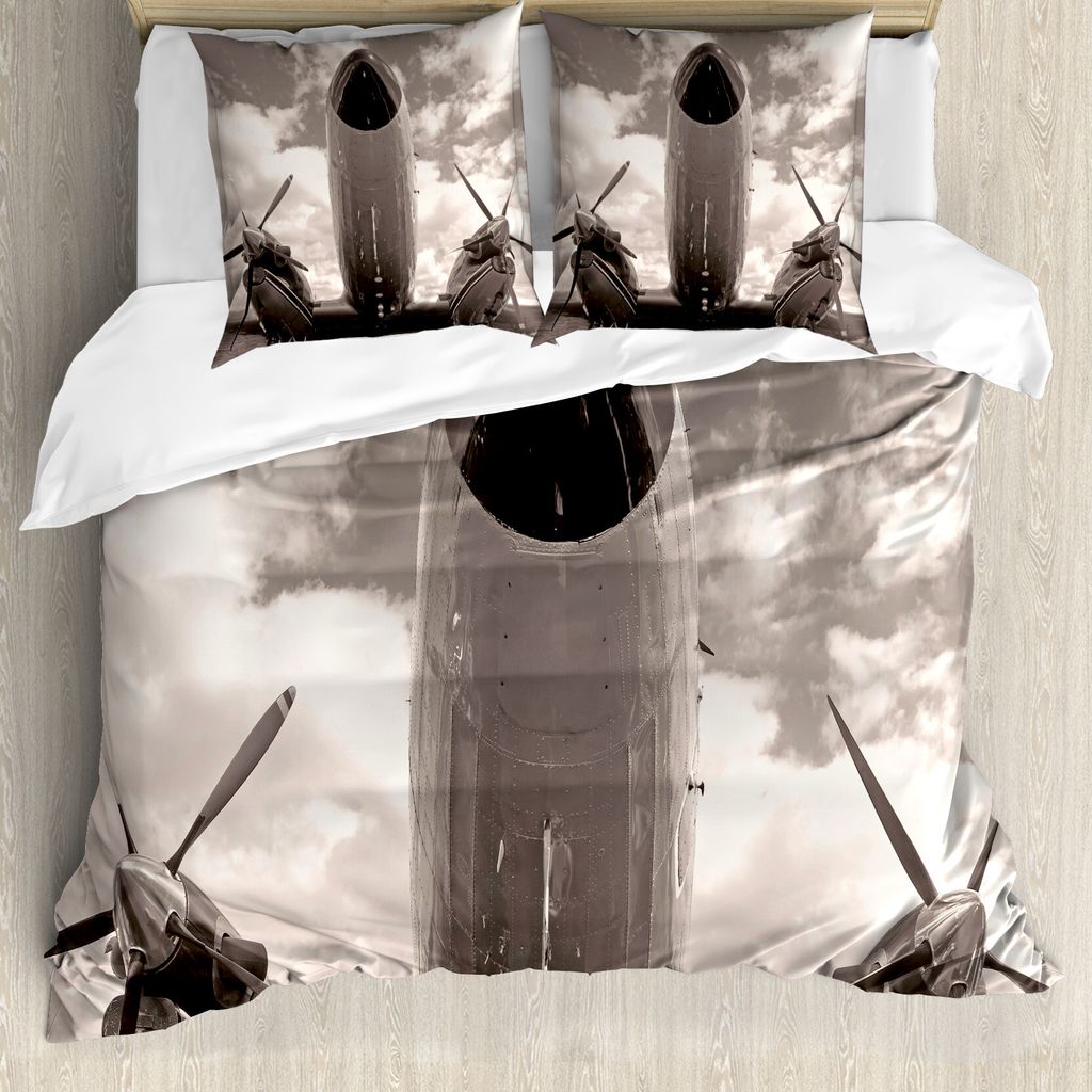 ABAKUHAUS Weinlese-Flugzeug Bettbezug, Turboprop Nose, Milbensicher Allergiker geeignet mit Kissenbezügen, 155 cm x 220 cm - 80 x 80 cm, Sepia Weiß