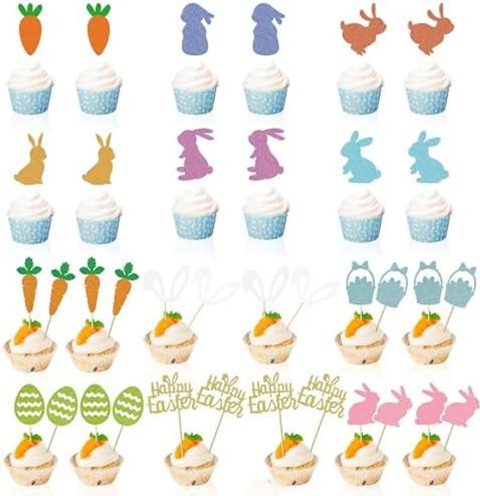 36 Stück Ostern Cupcake Topper, Glitzer Ostern Kuchen Deko Ostern Tortendeko, Hase Möhren Muffin Deko Hase Cupcake Deko Osterei Tortenaufleger f...