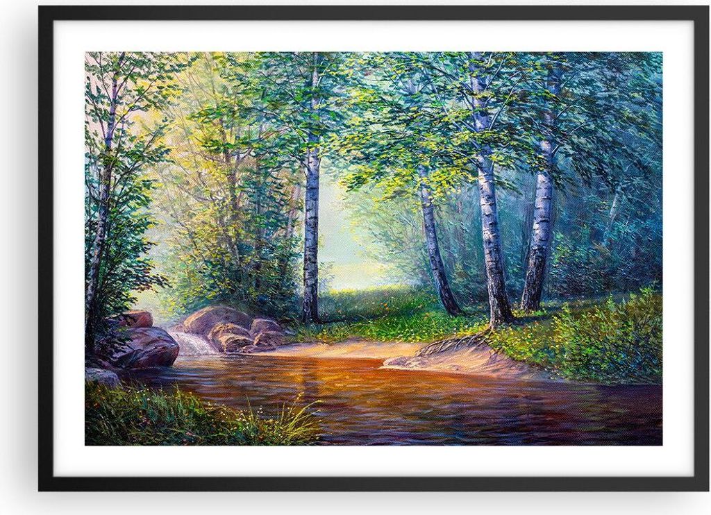 Gerahmtes Poster - Schwarzer Rahmen - Wiese Wasser Baum - 70x50 cm - Wand Bild - Wanddeko - Wandbilder - Kunstposter - Wandposter - Bilderrahmen - ...