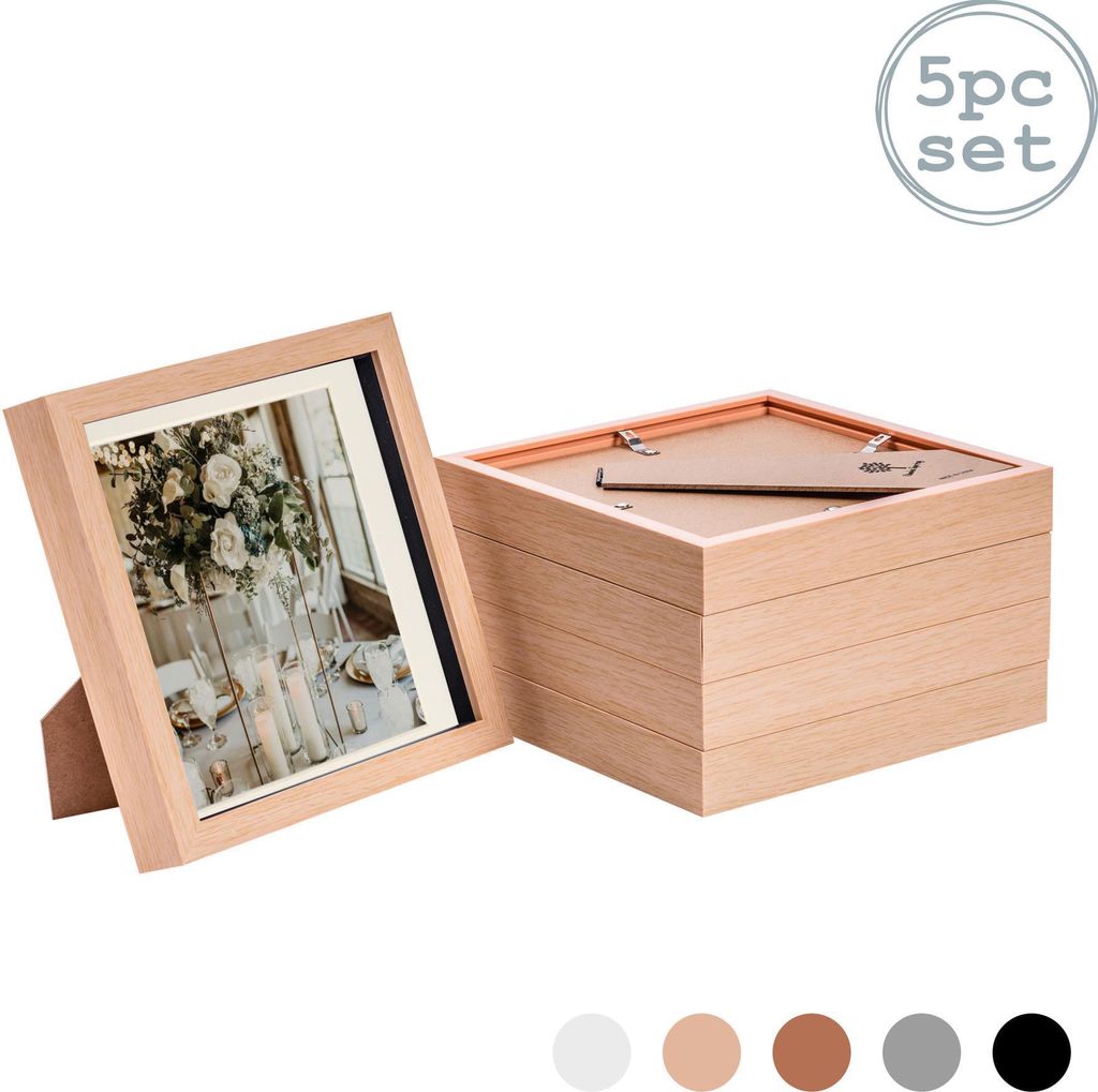 Nicola Spring 5 Stück 8 x 8 3D-Schatten-Kasten-Foto-Rahmen-Set - Craft Anzeigen Bilderrahmen mit 6 x 6 Montage - Glas Aperture - hellen Holz / Elf...
